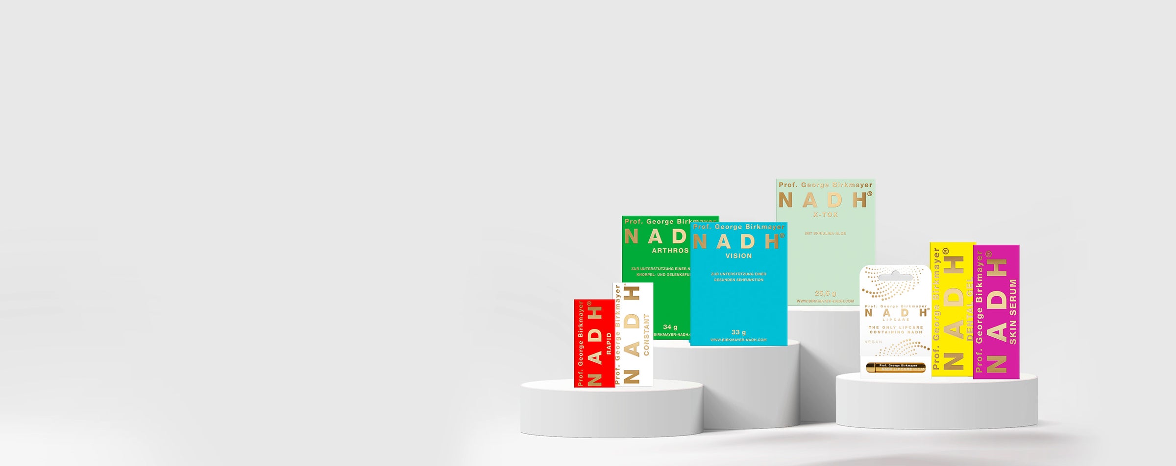 Various NADH products on white pedestals