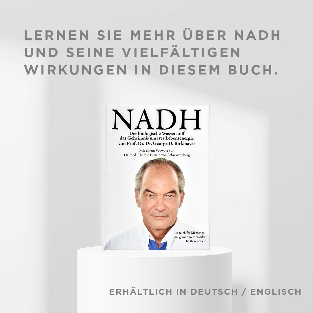 NADH book on pedestal with text "Learn more about NADH and its many effects in this book"